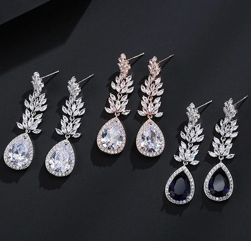 Brinco Zirconia Prata Azul Gota Pendurado Festa Debutante