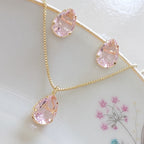 Conjunto Colar E Brinco Gota Rosa Pedra Zirconia Folheado