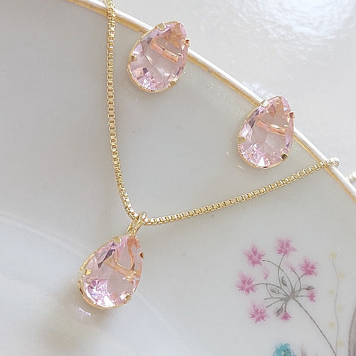Conjunto Colar E Brinco Gota Rosa Pedra Zirconia Folheado
