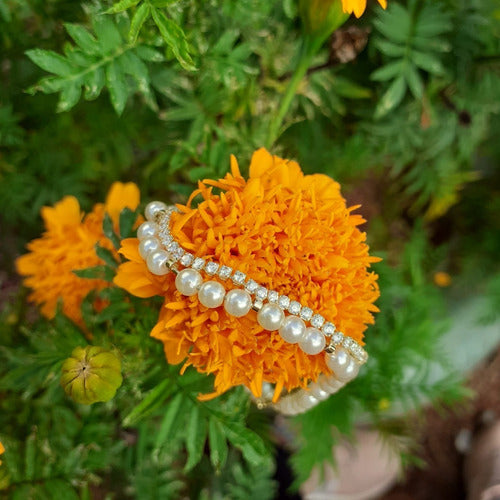 Pulseira Bracelete Dourada Zircônia E Pérola Noiva Debutante