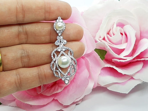 Brinco Noiva Zirconia Perola Pendurado Prata Festa Delicado