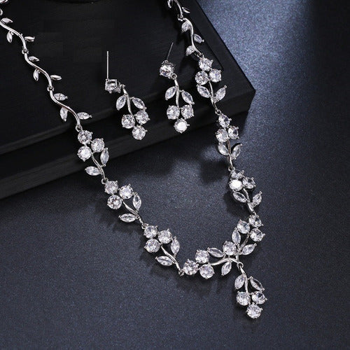 Colar E Brinco Noiva Zircônia Prata Festa Debutante Folhas