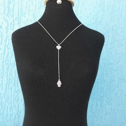 Colar Gravatinha Zirconia Prata Mão De Fátima Rubi Vermelho