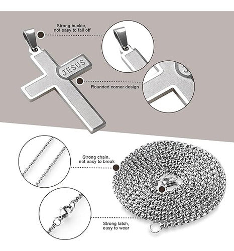 Corrente Masculina Aço Inox Cruz Jesus Preta Prata 60 Cm