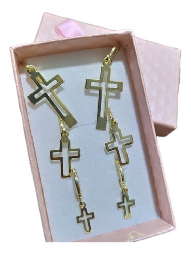 Trio Brinco Argola Com Pingente De Cruz Folheado Ouro 18k
