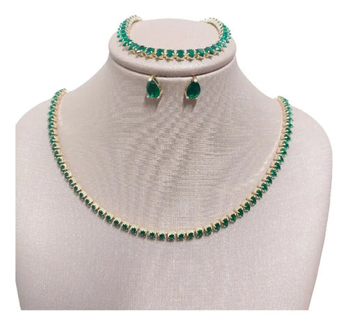 Colar Chocker Brinco Pulseira Riviera Gota Zircônia Verde Verde