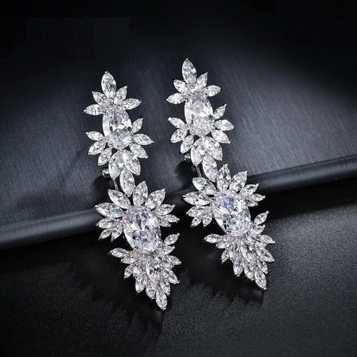 Brinco Noiva Zirconia Pendurado Grande Prata Debutante Luxo