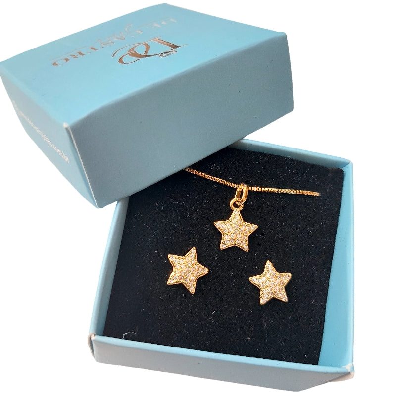 Conjunto Colar E Brinco Pedra Zirconia Estrela Banhado Ouro