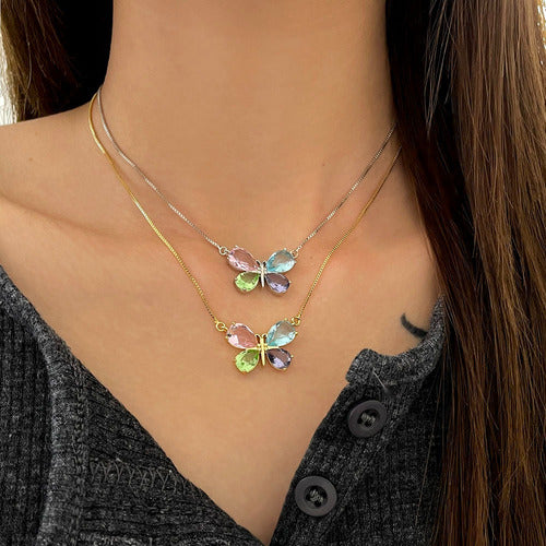Colar Brinco Borboleta Pedra Zirconia Colorido Banhado Ouro