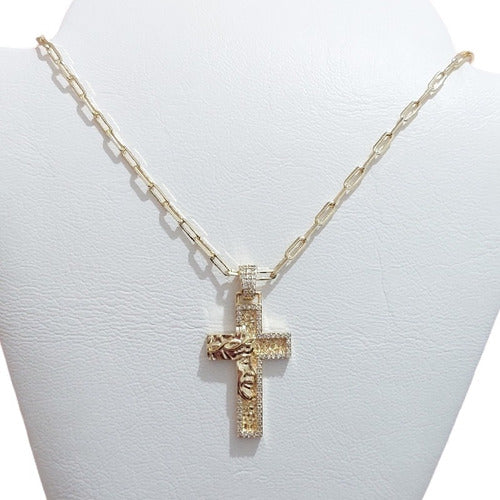 Colar Cruz Crucifixo Jesus Masculino Zirconia Banhado Ouro