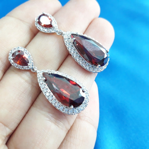 Brinco Pedra Zirconia Prata Festa Gota Vermelho Debutante