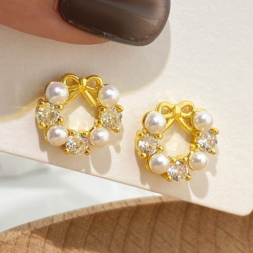 Brinco Zirconia Laço Pérola Infantil Dama Daminha Banhado