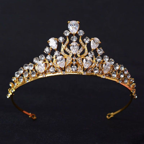 Coroa Tiara Cabelo Noiva Dourada Zirconia E Strass Princesa