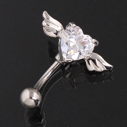 Piercing De Umbigo Invertido Prata Zirconia Coração Rosa Rox