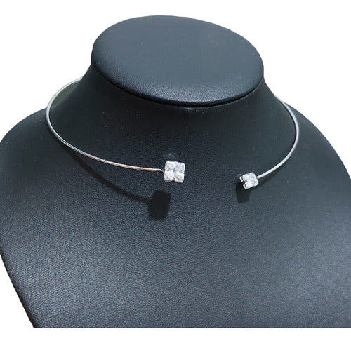 Colar Chocker Pedra Zirconia Quadrado Folheado Rodio Rígido