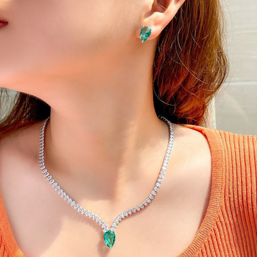 Conjunto Colar Chocker Riviera Gota E Brinco Zircônia Verde