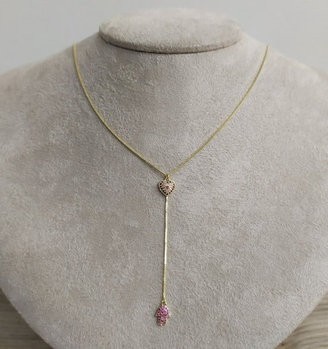 Colar Gravatinha Zirconia Prata Mão De Fátima Rubi Vermelho