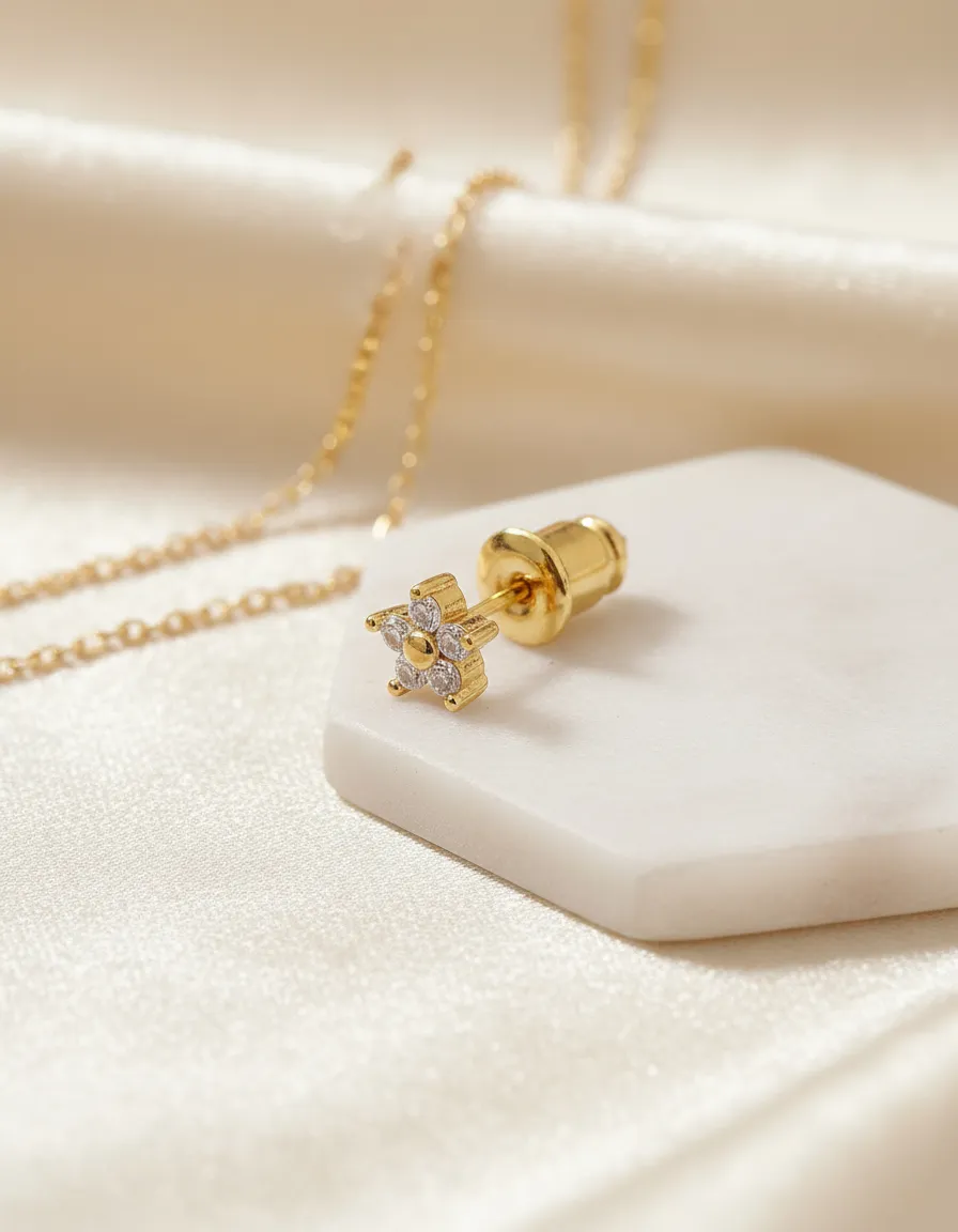 Brinco Infantil Pequeno Flor Pedra Zirconia 2 Furo F. A Ouro