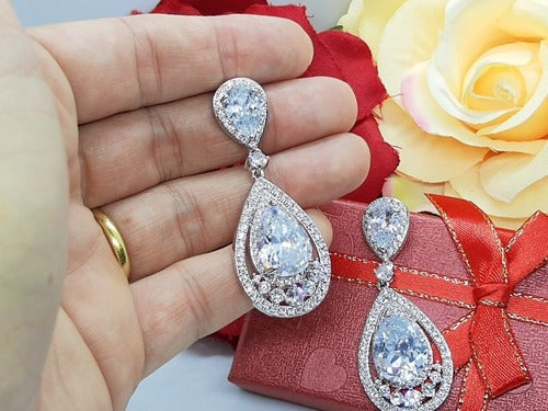 Brinco Noiva Pedra Zirconia Prata Gota Debutante Grande