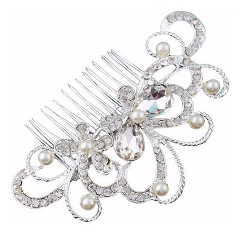 Arranjo Enfeite Cabelo Noiva Strass Perola Prata Debutante