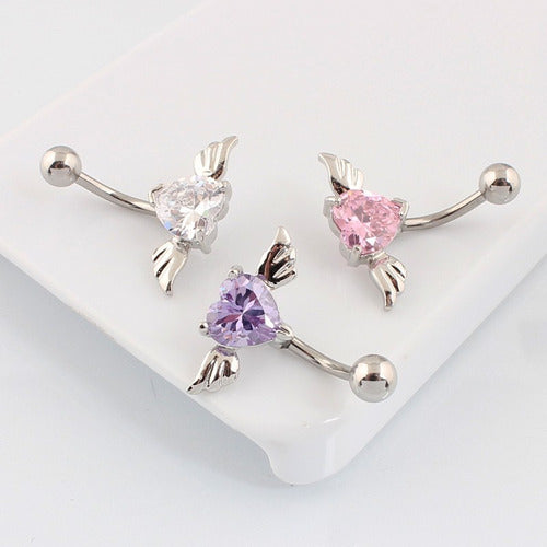 Piercing De Umbigo Invertido Prata Zirconia Coração Rosa Rox