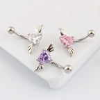 Piercing De Umbigo Invertido Prata Zirconia Coração Rosa Rox