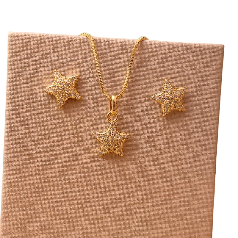 Conjunto Colar E Brinco Pedra Zirconia Estrela Banhado Ouro