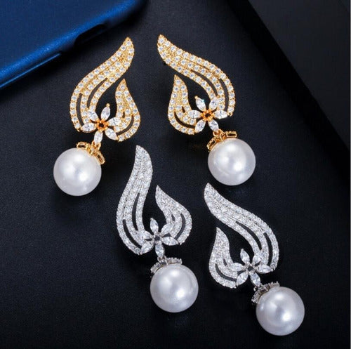 Brinco Noiva Zirconia Perola Pendurado Dourado Rosê Festa