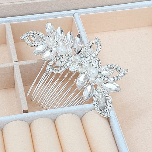 Arranjo Enfeite Cabelo Noiva Prata Strass Perola