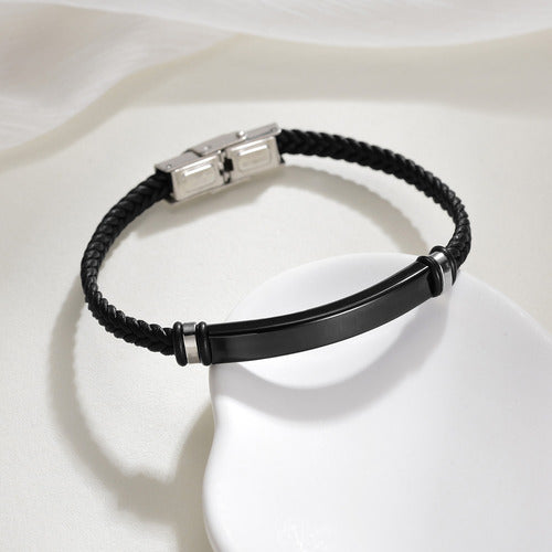 Pulseira Masculina 8 Mm Couro Placa Aço Inox Chapa P Gravar