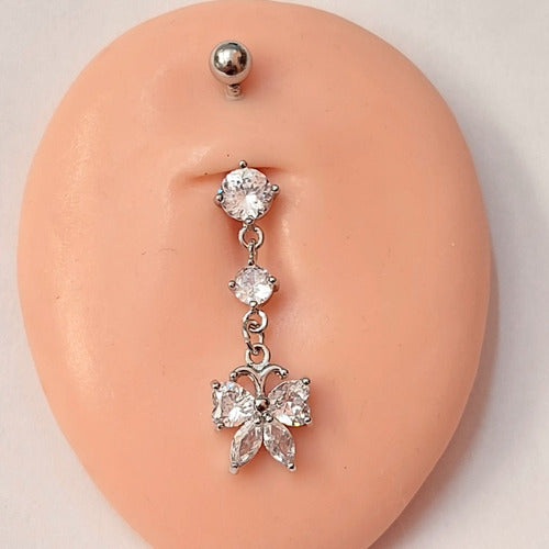Piercing De Umbigo Pendurado Prata Borboleta Zirconia Aço