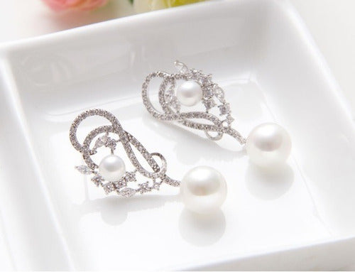 Brinco Pérola E Zirconia Noiva Delicado Prata Grande Luxo