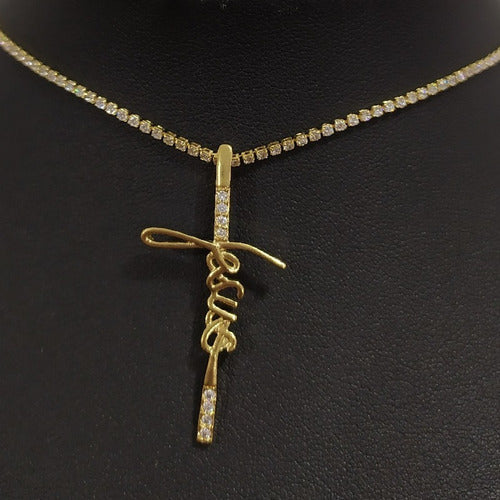 Colar Riviera Cruz Crucifixo Jesus Zirconia F. Ouro 18k