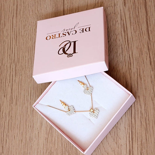 Conjunto Colar E Brinco Pedra Zirconia Coração Folheado Ouro