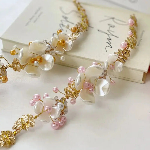 Arranjo Enfeite Cabelo Noiva Dama Dourado Strass Perola Rosa