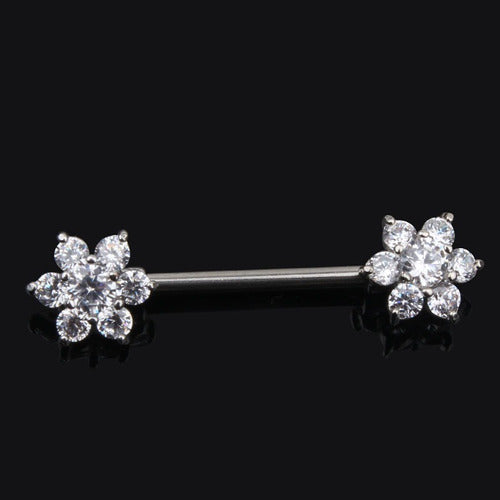 Piercing Para Mamilo Prata Pedra Zirconia Flor Coração Par