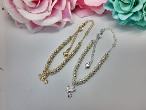Pulseira Perola E Pingente Pombinha Da Paz F. Ouro Semi Joia