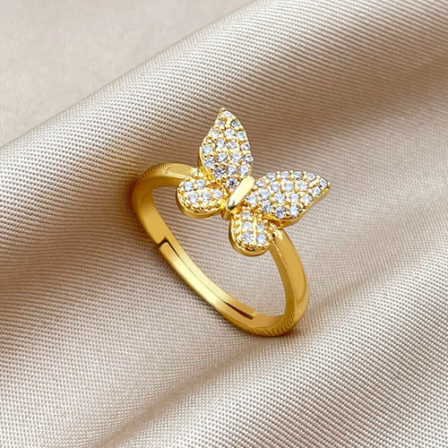 Anel Pedra Zirconia Borboleta Festa Dourado Ajustavel F Ouro