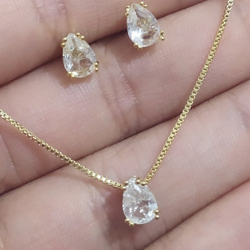 Conjunto Colar Brinco Dama Daminha Gota Pedra Zirconia Luxo