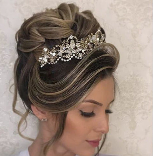 Coroa Tiara Arranjo Cabelo Noiva Strass Dourada Ouro Luxo