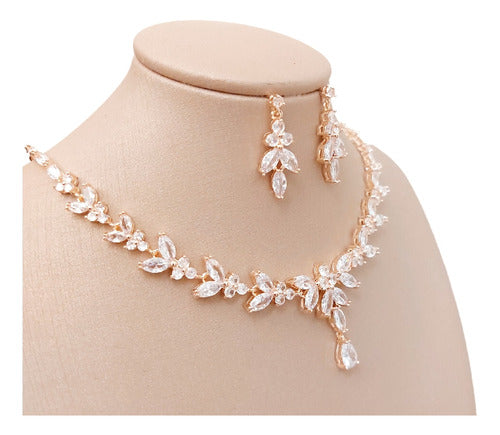 Colar E Brinco Noiva Zircônia Rose Gold Festa Debutante Luxo