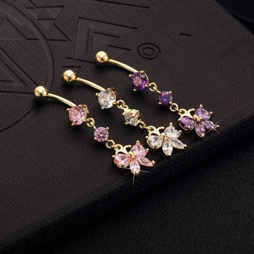 Piercing De Umbigo Pendurado Dourado Borboleta Zirconia Aço