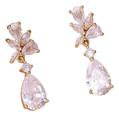 Brinco Noiva Dourado Zirconia Pendurado Debutante Luxo Gota Dourado