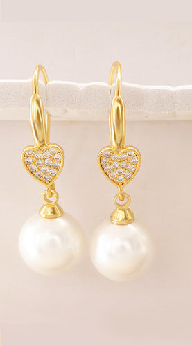 Brinco Perola Zirconia Pendurado Delicado Festa Dourado