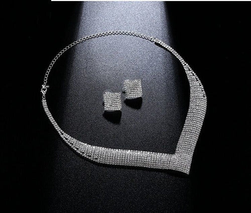 Conjunto Strass Colar Brinco Noiva Prata Debutante Madrinha