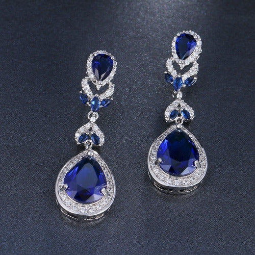 Brinco Noiva Pedra Zirconia Prata Azul Festa Luxo Debutante