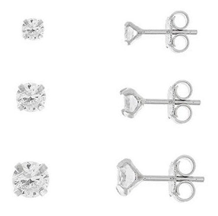 Trio Brinco Pedra Zirconia Ponto De Luz 3 4 5 Mm Prata 925
