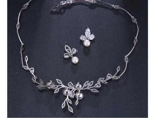 Colar E Brinco Noiva Zircônia E Pérola Prata Festa Debutante