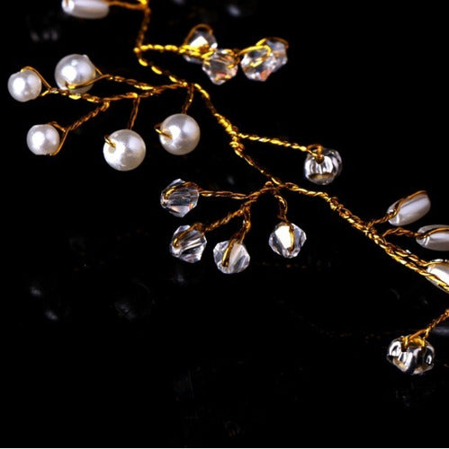 Tiara Arranjo Cabelo Noiva Pérola Fio Strass Dourado Prata