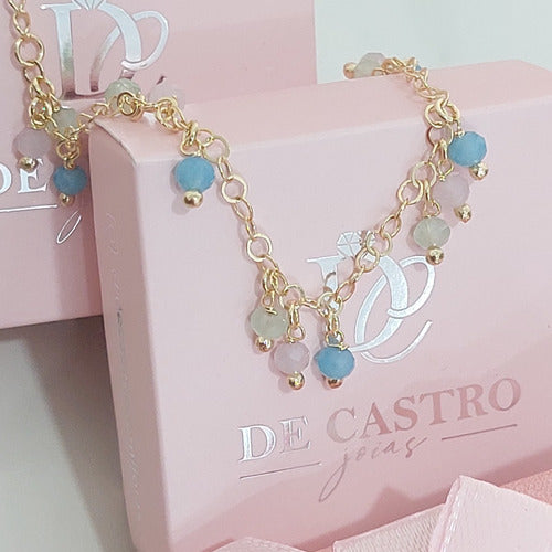 Pulseira Pingentes Pedras Cristais Coloridos Banhado A Ouro